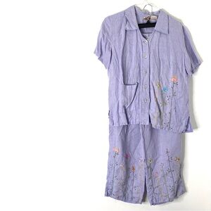 L.A. Blend Handmade Vintage Purple Linen Embroidered Floral Two Piece Set